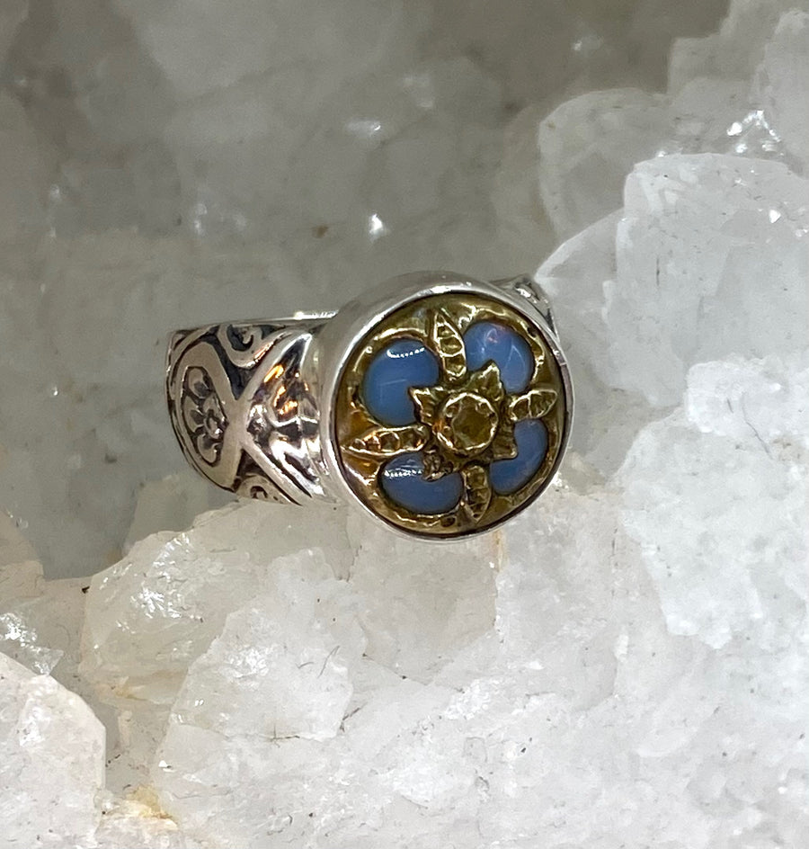 Victorian Opalescent Glass in Metal Antique Button Set in Sterling Silver Ring Design Size 7