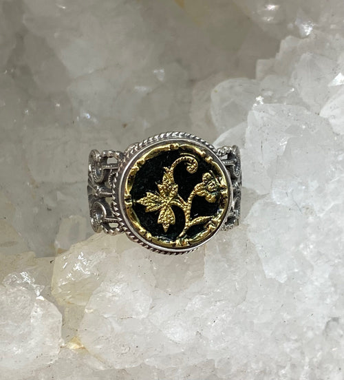 Victorian Metal Perfume Velvet Floral Button Set in Sterling Silver Filigree Ring Design Size 7.5