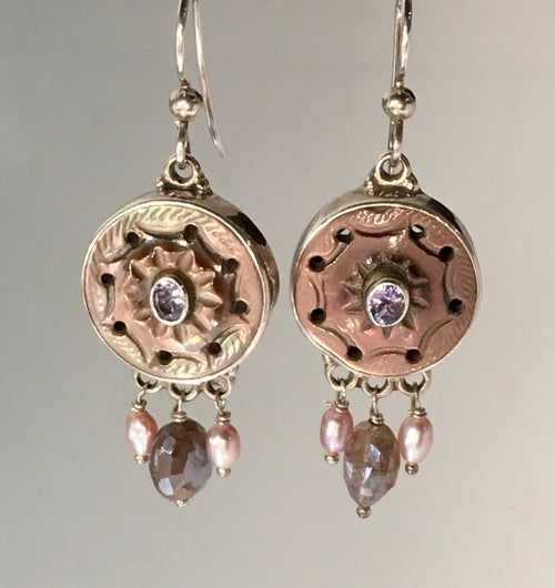 Victorian Carved Shell Button w/ Iolite facet Center w/Labradorite & Pearl accent