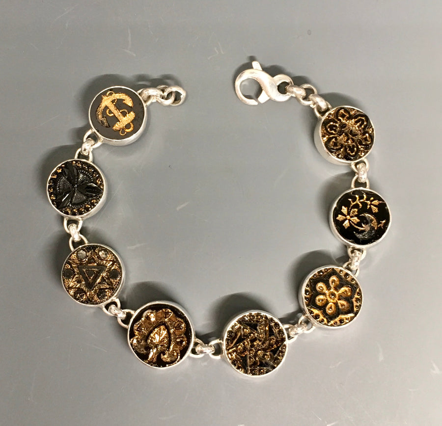 Ornate Gold Luster Czech Republic Glass Button Bracelet