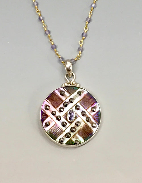 Ornate Victorian Carved Pearl w/ Steel Facet set in Sterling Silver with Tanzanite Rosary accent.