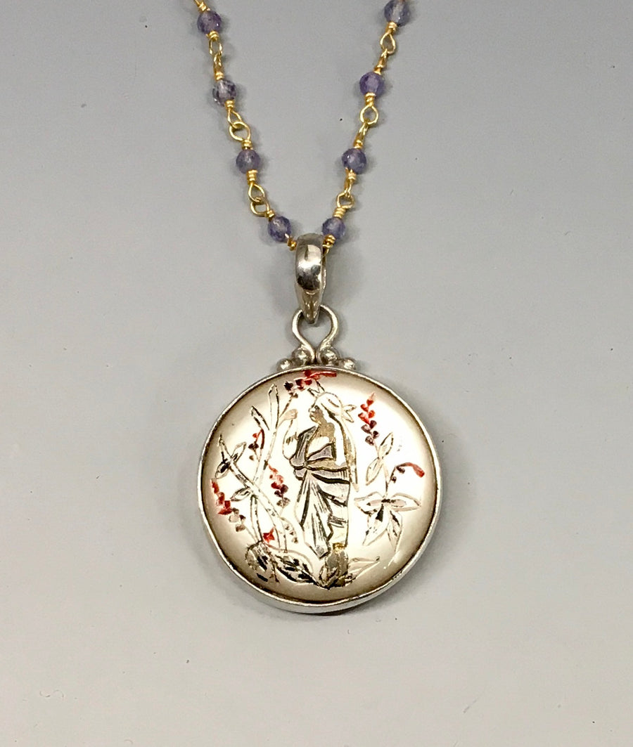 Victorian Carved Pearl image of Woman & Flowers set in Sterling Silver with Amethyst Stone accent