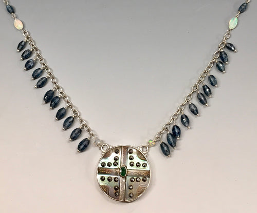 Victorian Carved Pearl with Steel Facet & Topaz Accent set in Sterling Silver