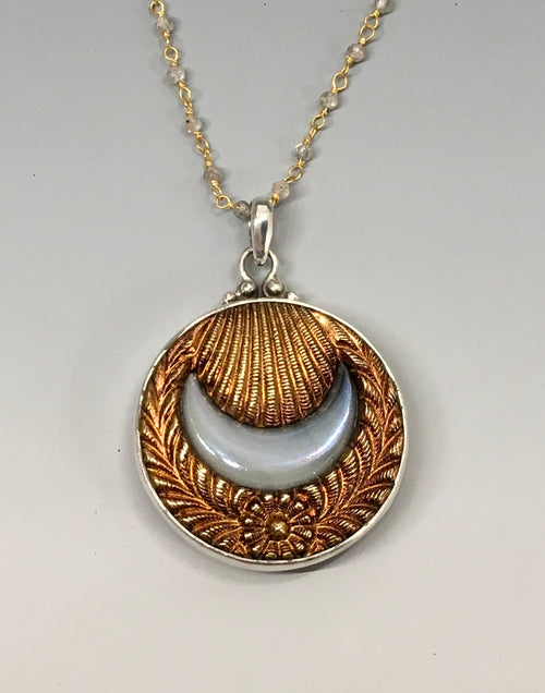 Victorian Button Opalescent Glass Moon set in Ornate Brass Button w/ Stone Rosary Accent