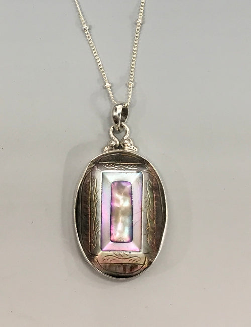 Victorian Oval Inlay Carved Pearl & Shell Button set in Sterling Silver w/ Chain