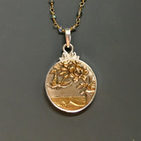 Victorian Picture Metal Button Insect Flying w/ Flowers set in Sterling Silver Necklace w/ Rosary stone Accen