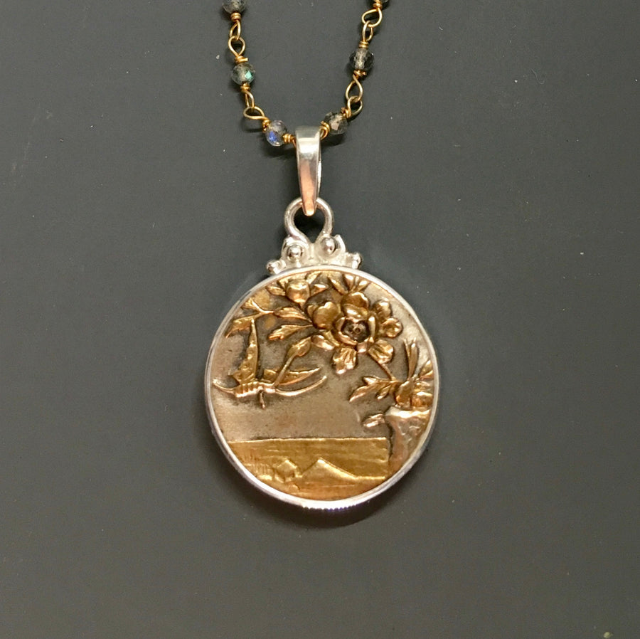 Victorian Picture Metal Button Insect Flying w/ Flowers set in Sterling Silver Necklace w/ Rosary stone Accen