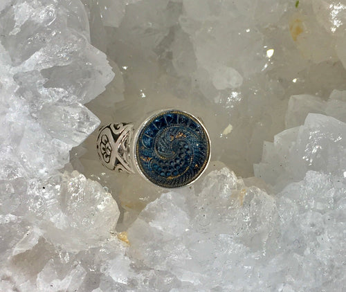 Victorian Lacy Czech Glass Button set in sterling silver ring Size 7