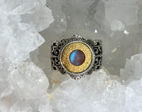 Victorian Saphiret Glass in Brass Button set in Sterling Silver Ring Size 7