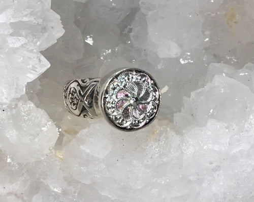 Victorian Ornate Luster Czech Glass Button set in Sterling Silver Ring Size 7