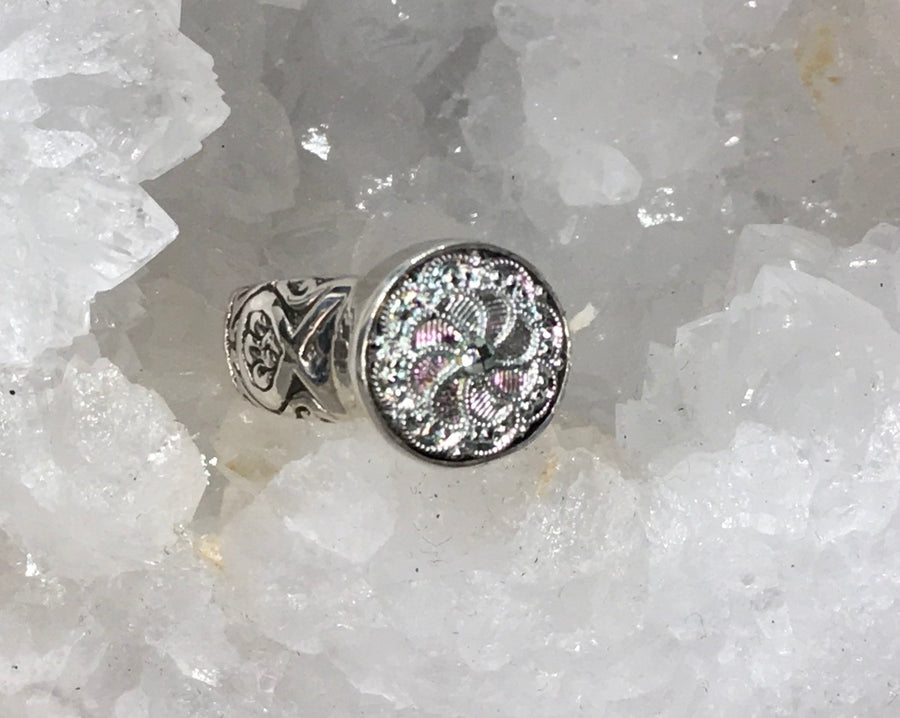 Victorian Ornate Luster Czech Glass Button set in Sterling Silver Ring Size 7
