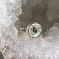 Victorian Carved Pearl w/ Emerald Stone Center set in Sterling Silver Ring Size 7