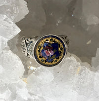 Victorian Hand Painted Enamel  Button set in Sterling Silver Ring Size 7