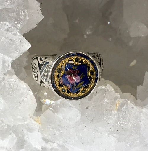 Victorian Hand Painted Enamel  Button set in Sterling Silver Ring Size 7