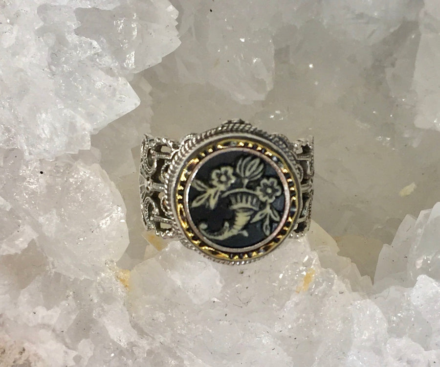 Victorian Celluloid Floral Button set in Sterling Silver Ring Size 7