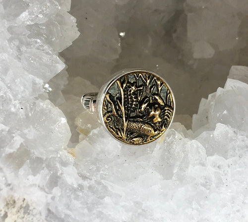 Victorian Picture metal Button image of Underwater sea life set in sterling silver Ring Size 7