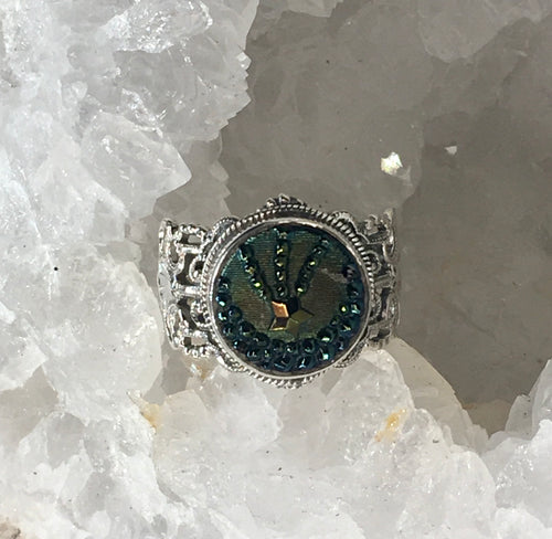Victorian Carnival Luster Glass Stars Button set in Sterling Silver Ring Size 7.5