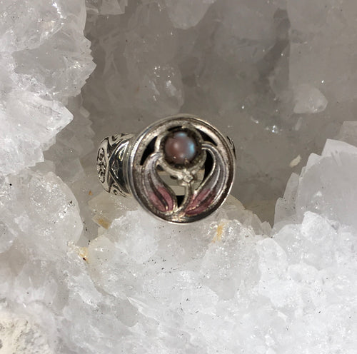 Victorian Saphiret Glass set in Brass Button st in Sterling Silver Ring Size 8