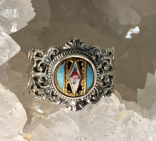 Victorian Hand Painted Enamel set in Filigree Sterling Silver Ring Size 8