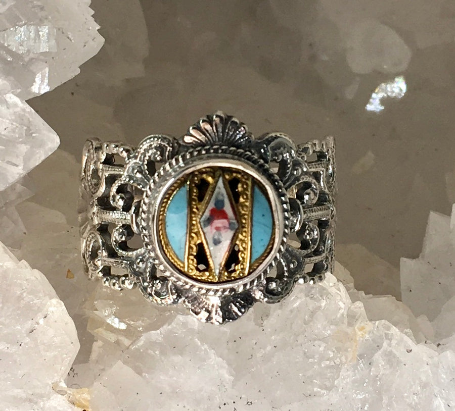 Victorian Hand Painted Enamel set in Filigree Sterling Silver Ring Size 8