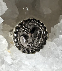 Victorian Silver Luster Glass Button set in Sterling Silver Ring Size 8