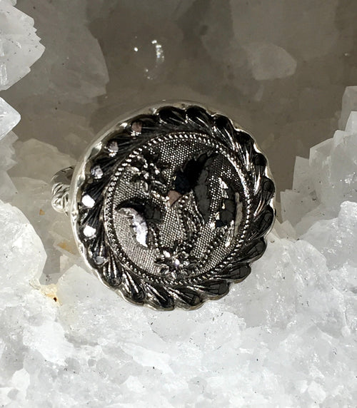 Victorian Silver Luster Glass Button set in Sterling Silver Ring Size 8