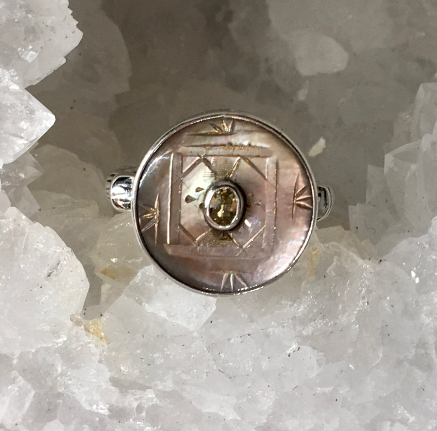 Victorian Carved Shell with Tourmaline Facet Center Button set in Sterling Silver Ring Size 8