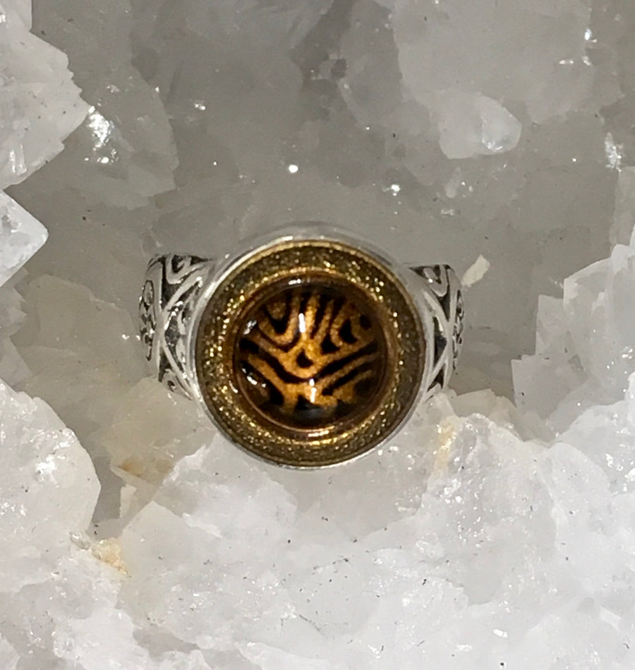 Victorian Design Under Glass Button set in brass Button set in sterling Silver Ring Size 8