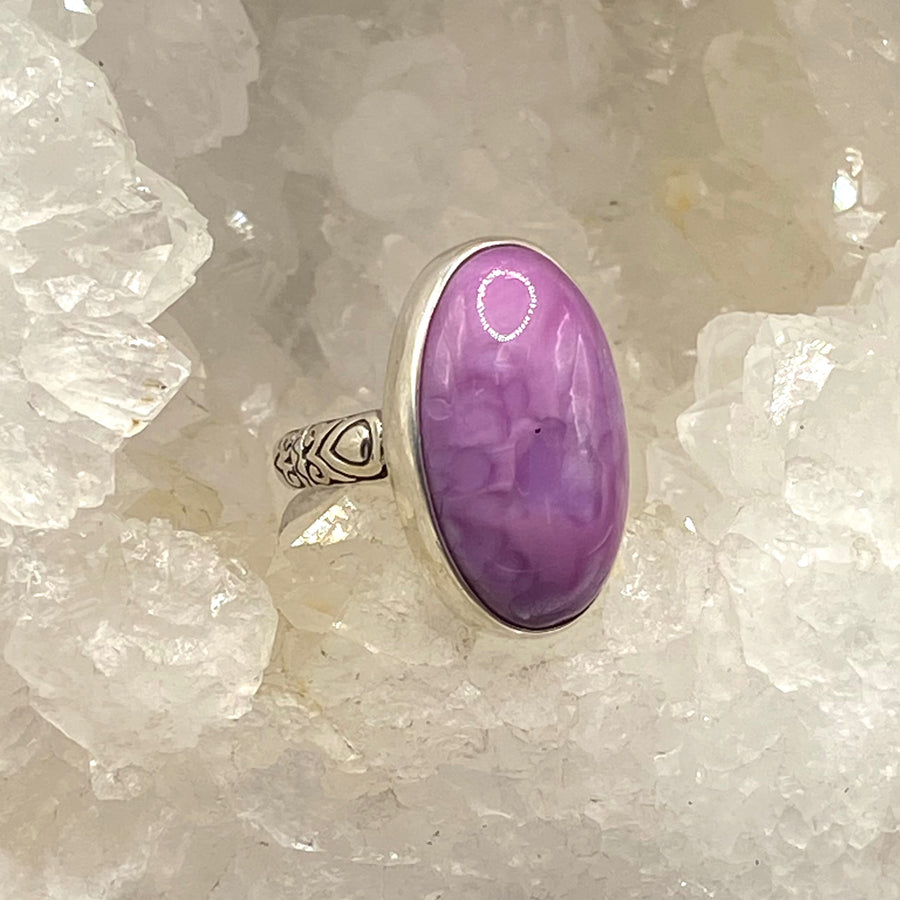 Leo Popper Large Oval Pink glass Button set in  Sterling Silver Ring Size 7-1/2