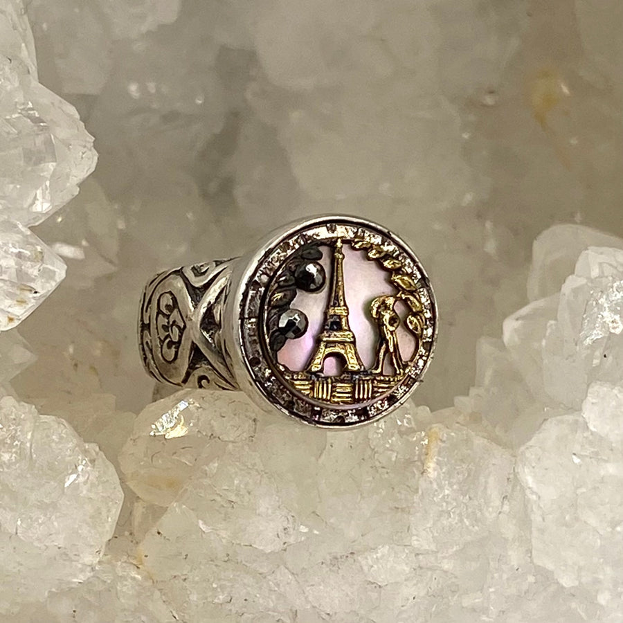 Antique Eiffel Tower Shell Base Button set in  Sterling Silver Ring Size 7-1/4