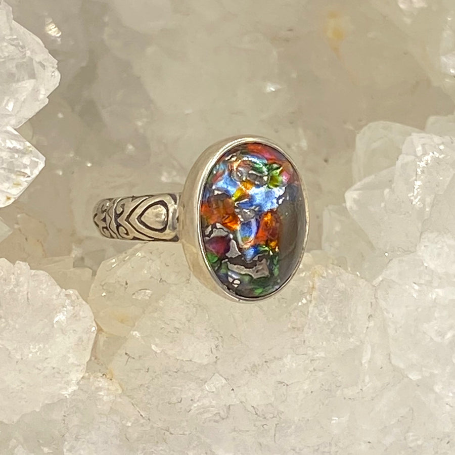 Leo Popper Glass Button Oval Confetti set in  Sterling Silver Ring Size 7