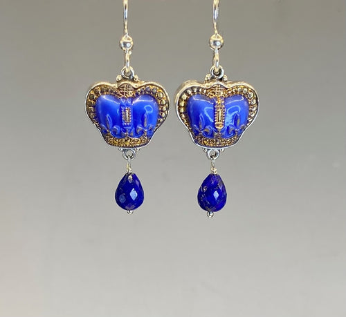 Vintage Blue Glass Crown Button with Gold Accent Set in Sterling Silver w/ Lapis stone accent