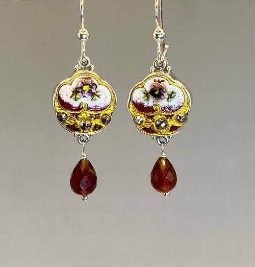Victorian Hand Painted Enamel with Steel Facet Accent Button set in Sterling Silver With Garnet Facet Stone Accent. 1" length