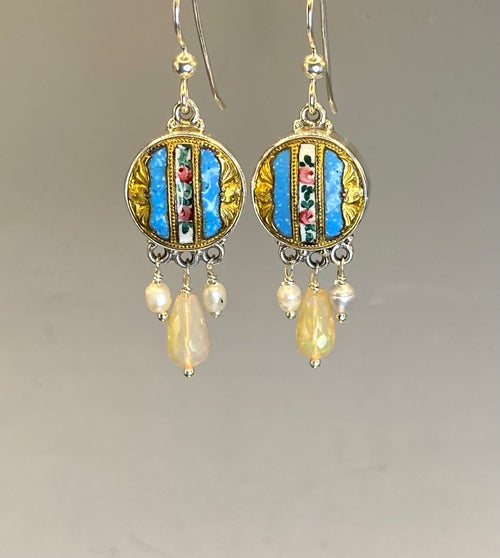 Victorian Hand Painted Enamel Button set in Sterling Silver With Ethiopian Opal Facet Stone & Pearl Accent. 1-1/2" length