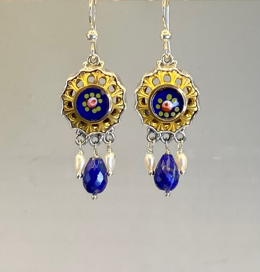 Victorian Openwork Hand Painted Enamel Button set in Sterling Silver With Facet Lapis Stone  & Pearl Accent