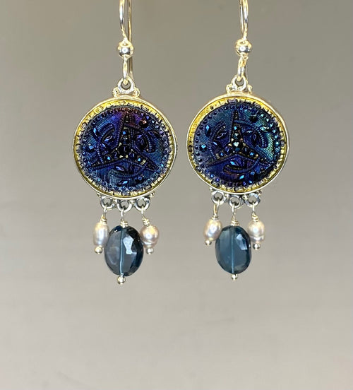 Victorian Glass in Metal  Button set in Sterling Silver With Topaz Facet Stone & Pearl Accent
