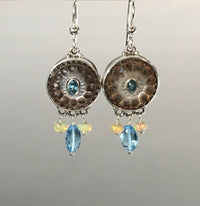 Victorian Carved Pearl Button w/topaz center set in Sterling Silver Earring accented w/ Topaz & Ethiopian opal