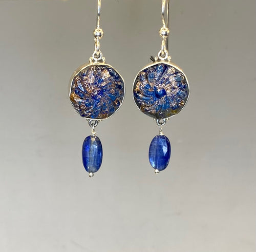 Antique Paperweight Swirled Gold Flecked Glass Button set in Sterling Silver With Facet Kyanite Stone Accent