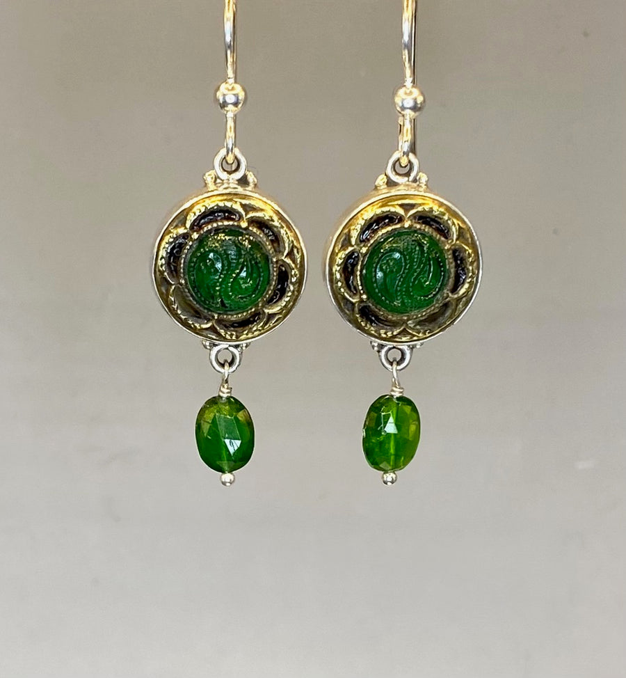 Victorian Glass in Metal  Button set in Sterling Silver With Tourmaline Facet Stone Accent