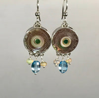Victorian Carved Pearl Button w/emerald Center set in Sterling Silver Earring accented w/ Topaz & Ethiopian opal