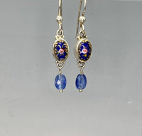 Victorian Openwork Hand Painted Enamel Button set in Sterling Silver With Kyanite Facet Stone Accent. 1" length