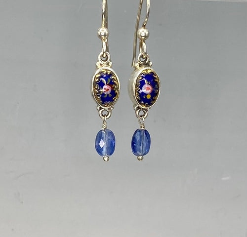 Victorian Openwork Hand Painted Enamel Button set in Sterling Silver With Kyanite Facet Stone Accent. 1" length