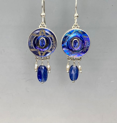 Victorian Carved Tinted Shell Button set in Sterling Silver with Kyanite & Pearl accent
