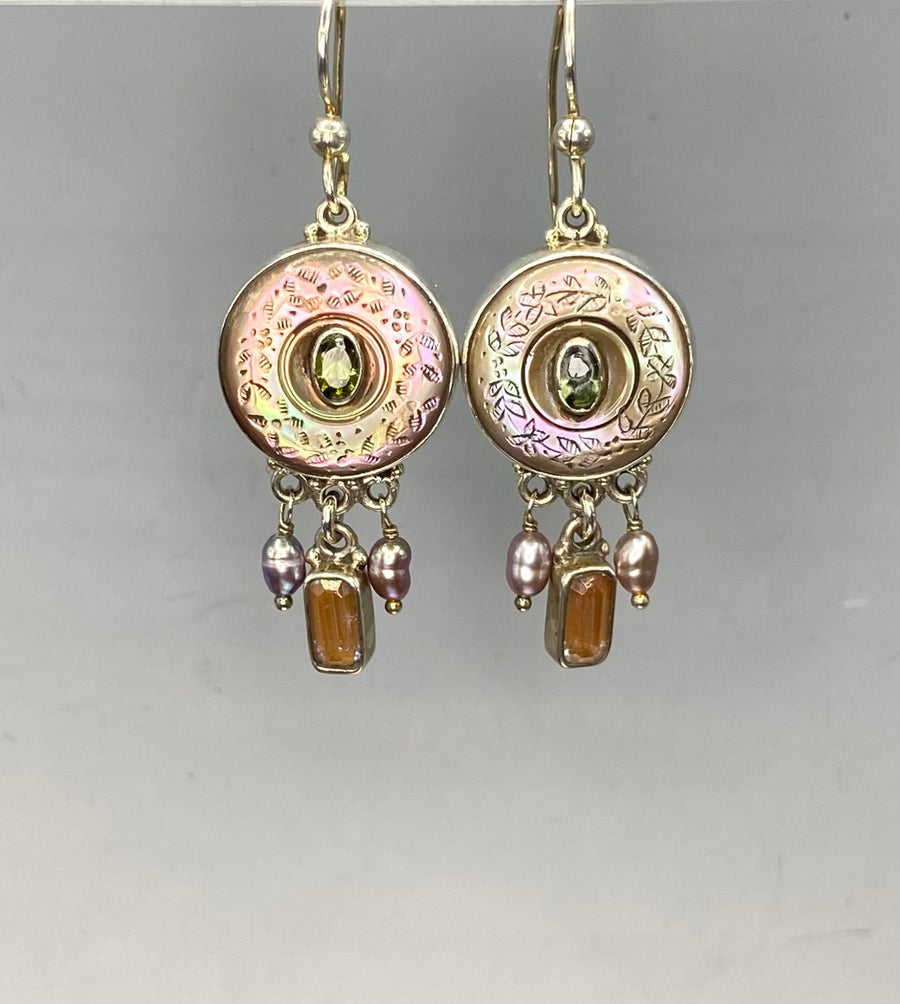 Victorian Carved Tinted Shell Button set in Sterling Silver with Saphiret (24K Gold & Glass)) & Pearl Accent