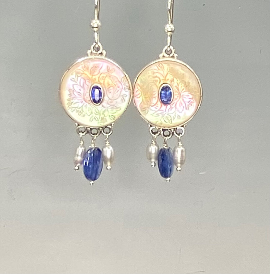 Victorian Carved Tinted Shell Button set in Sterling Silver with Kyanite & Pearl Accent