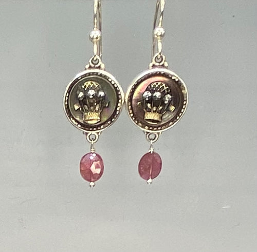 Victorian Shell Hot Air Balloon Button Earrings set in Sterling Silver w/ Tourmaline Accent