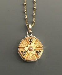Ornate Victorian Gold Fancy Button with Black Enamel Accent set in Sterling silver setting w/ Pyrite facet 20" necklace