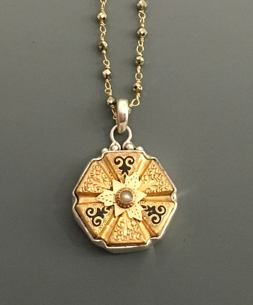 Ornate Victorian Gold Fancy Button with Black Enamel Accent set in Sterling silver setting w/ Pyrite facet 20" necklace