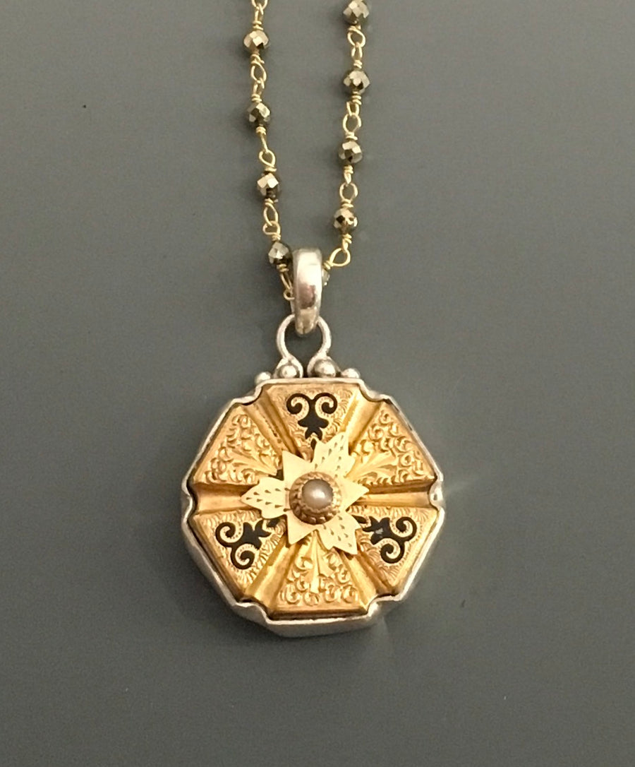 Ornate Victorian Gold Fancy Button with Black Enamel Accent set in Sterling silver setting w/ Pyrite facet 20" necklace