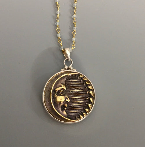 Victorian Moon Metal Button set in Sterling Silver w/  facet stone necklace